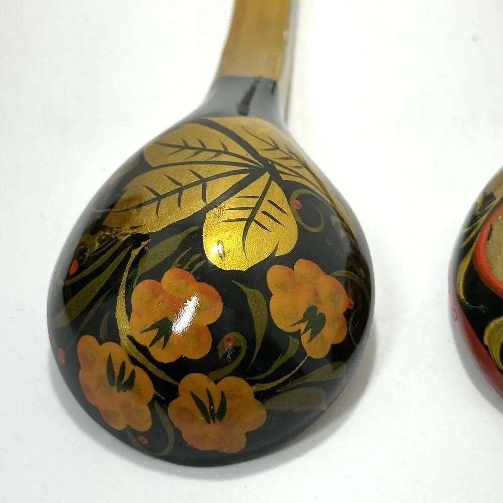 Russian Khokhloma Hand-Painted Lacquered Wood Bowl + Spoon Set Folk Art